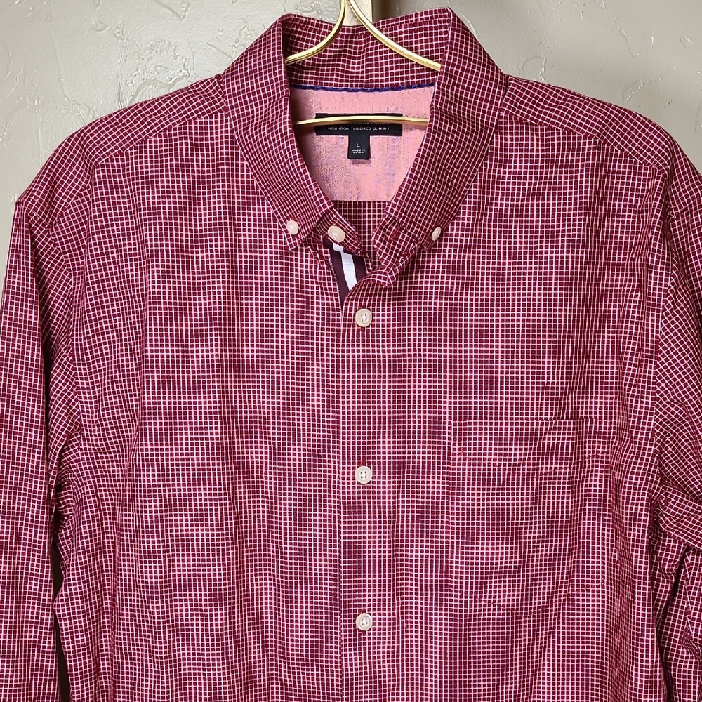 Banana Republic Red Non-iron Tailored Slim Fit Gingham Long Sleeve Shirt Large